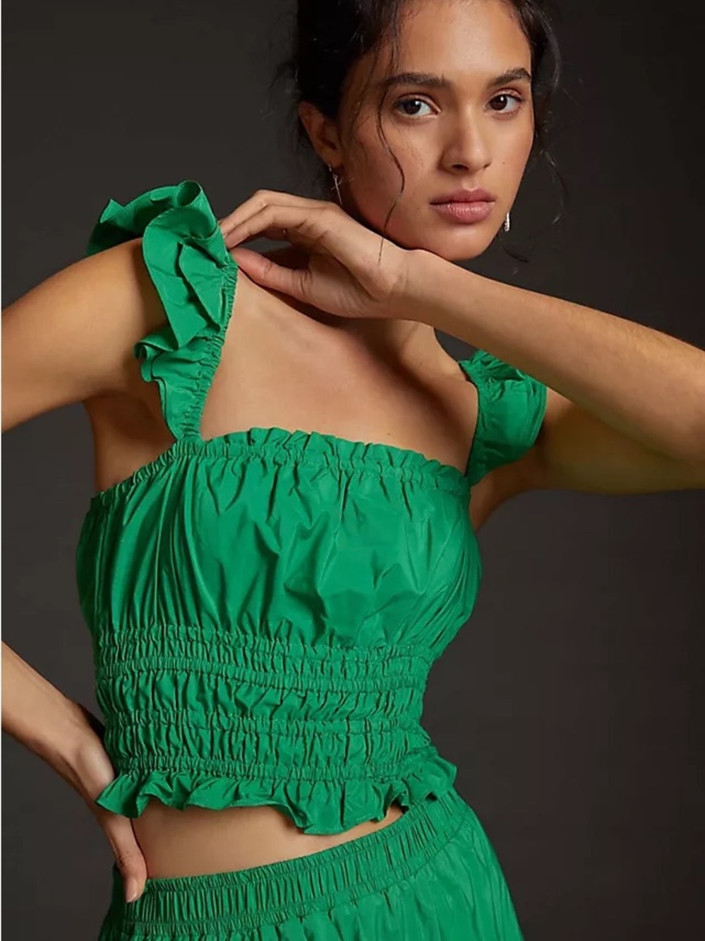 Maeve by Anthropologie Green Smocked Ruffle Crop Top | Size 2